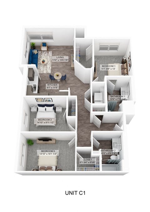 Floor plan for 3 beds, 2 baths, 1256 sqft